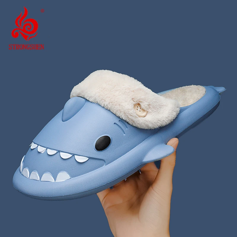 

Хлопковые тапочки STRONGSHEN для мужчин и женщин, Нескользящие домашние тапочки с акулой, смешные домашние тапочки для дома, плюшевые тапки