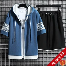 

Summer Letter Hooded Tee shirts+Shorts men tracksuit 2 piece set Casual Short Sleeve Zipper t shirts ensembles jogging homme top