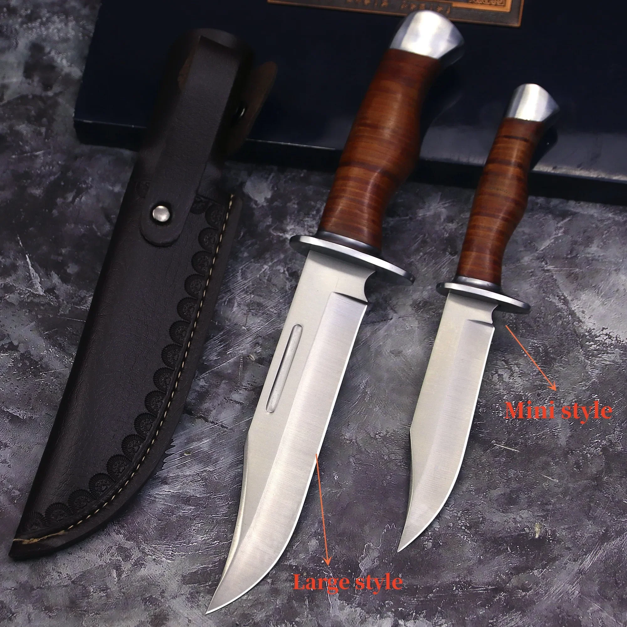 Outdoor Hunting Knife Straight Knife Leather Handle Jungle Camping Hiking Knife EDC Tool Knife Collection Gifts