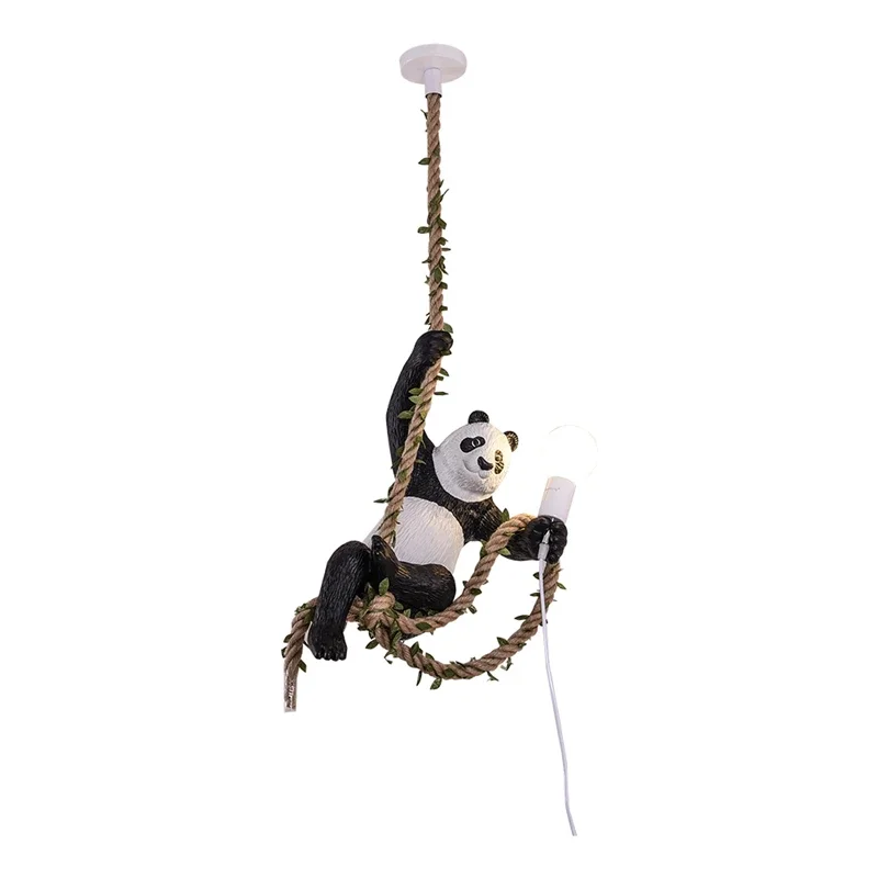 Indoor Lighting Vintage Resin Panda Pendant Light Loft Hemp Rope Hanging Lamp Fixture Home Decor Luminaire Suspension Chandelier - 4