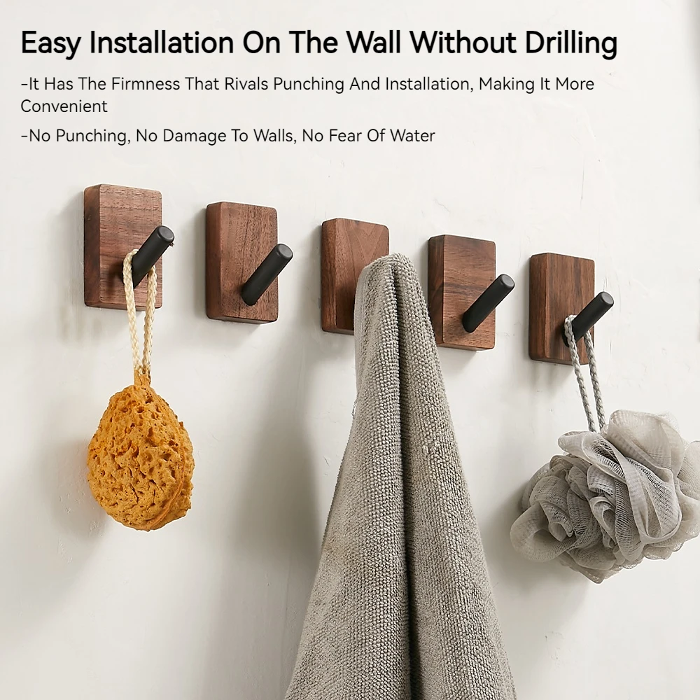 No Punching White/Black Walnut Coat Hooks Wall Hanging Bathroom Hooks For Towel & Coat Wooden Decorative Wall Hanger