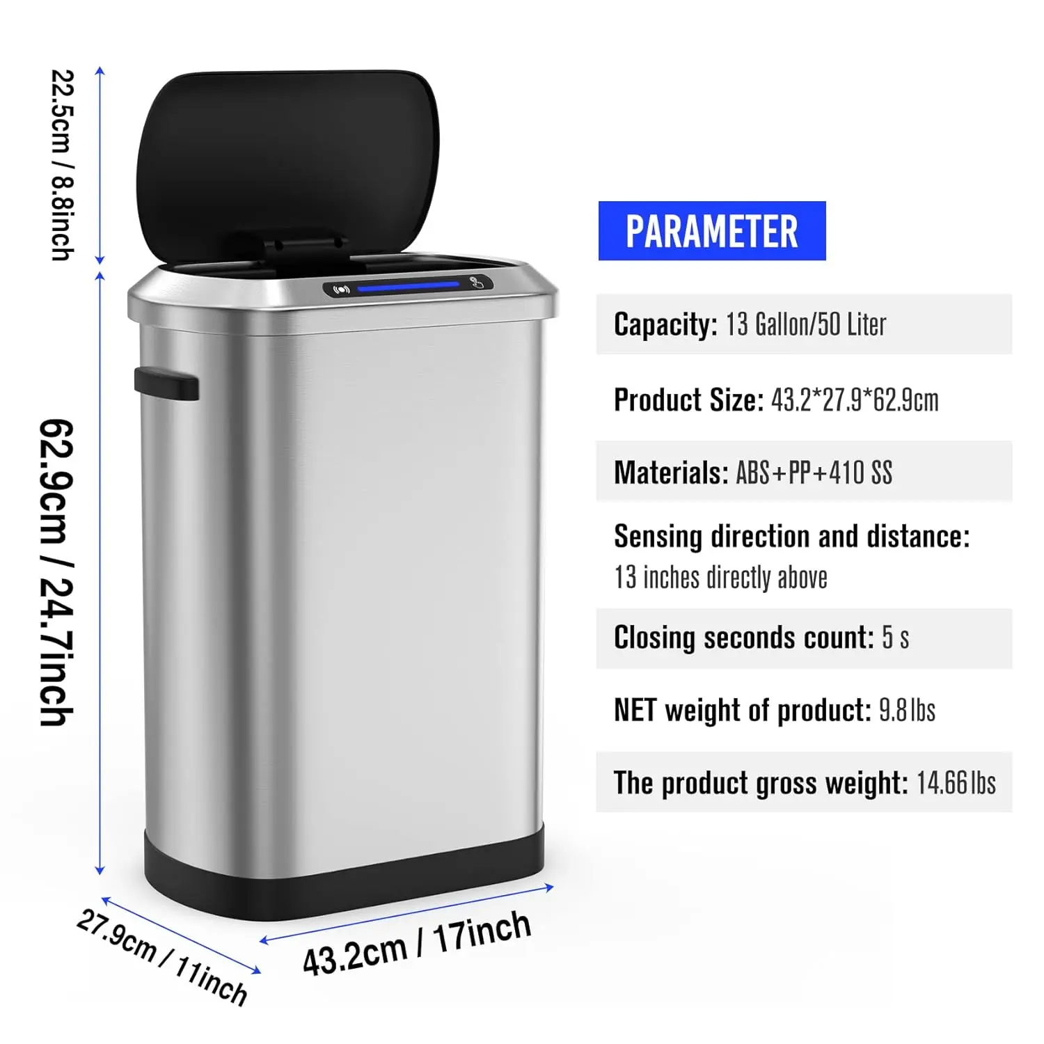 Smart Automatic Trash Can with Lid 13 Gallon, Stainless Steel Thickened Body & Super Mute Sensor Lid with 30 Count, Customized 3
