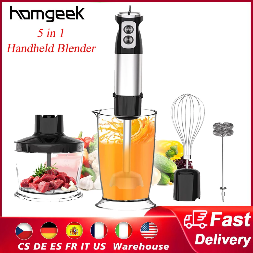 Immersion Blender Handheld, 1100W 5-in-1 Multi-Purpose Hand Blender,  12-Speed Stick Blender, 600ml Beaker, 500ml Chopper, Egg Whisk, Milk  Frother