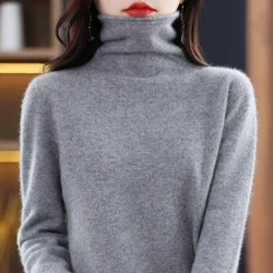 Women's Solid Color 100% Merino Wool Turtleneck Knit Sweater - Cozy Autumn/Winter Wear - S (Gray)