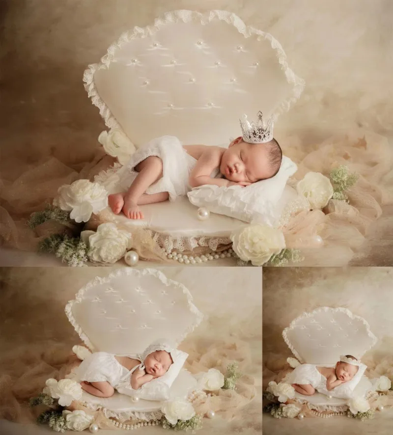 Dvotinst Newborn Photography Props Baby Posing Shell Conch Backdrop Pearls Crown Florals Theme Set Studio Shooting Photo Props