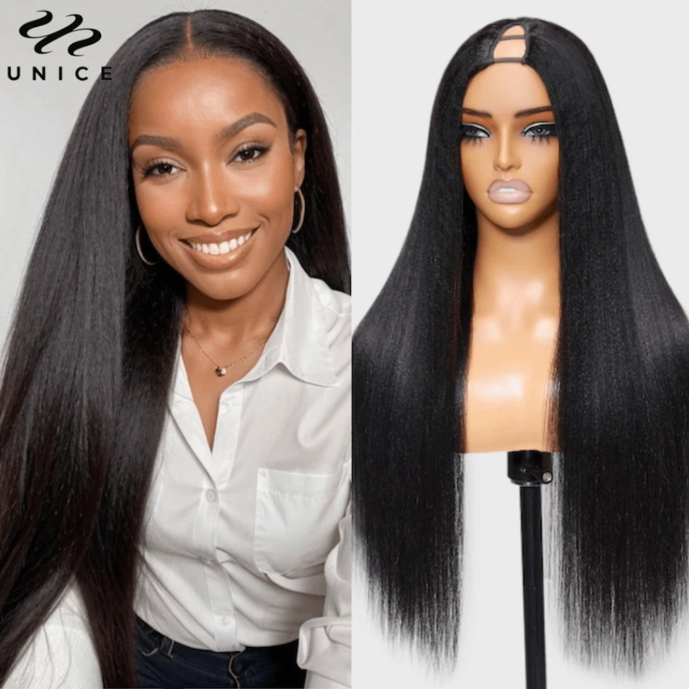 Unice Hair Yaki Straight V Part Wig Human Hair Clip-in Human Wigs Upgrade U Part Wigs Easy Blend Seamless Mini Leave Out human hair wigs