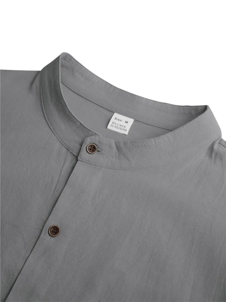 Cotton Linen Shirts for Men Premium Stand-Collar Henley Lightweight Breathable 7