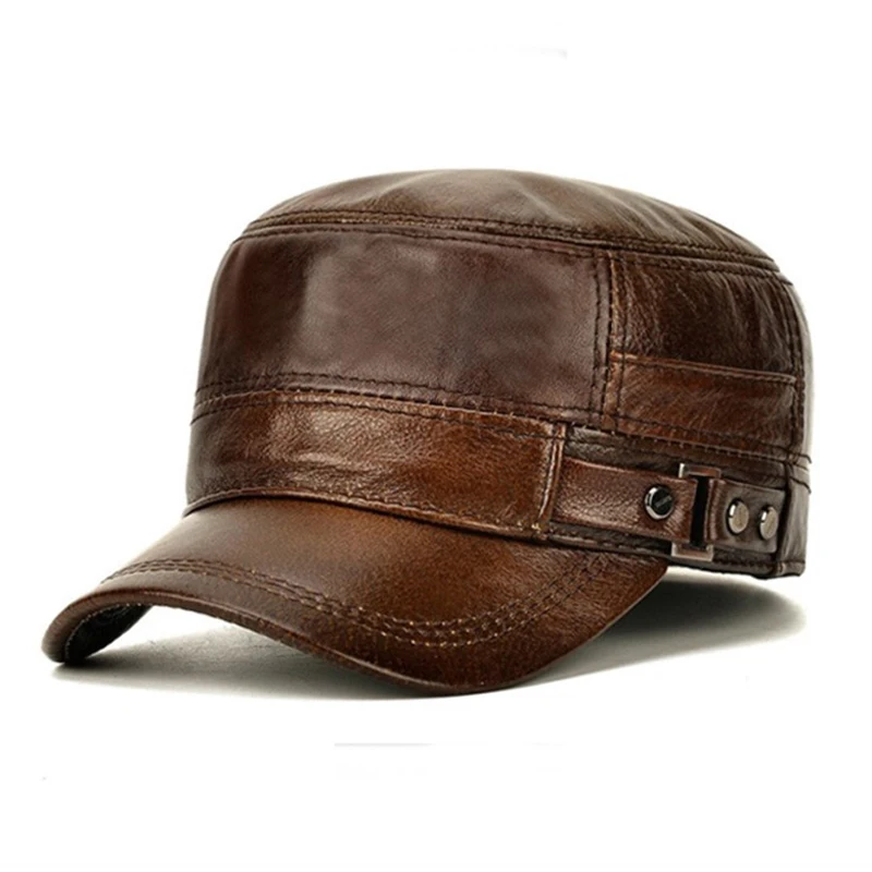 

Retro Genuine Leather High layer cowhide Cap Men Flat Caps Army Military Hat Elegant Man Baseball Cap Adjustable British Warm