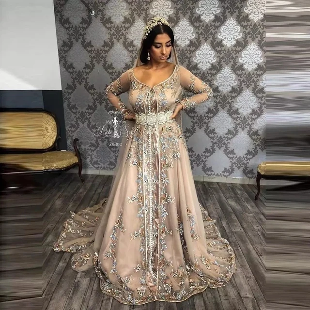 evening maxi dresses Moroccan Kaftan Caftan Muslim Evening Dresses A-line V-neck Appliques Beading Dubai Arabic Turkey Abaya Islamic Evening Gown evening gowns with sleeves Evening Dresses