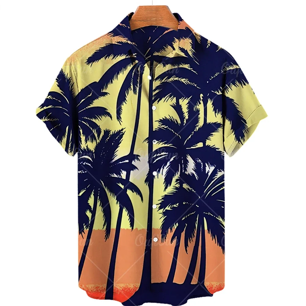 

2024 Summer Hawaiian Shirt Men And Women's Coconut Tree Breathable Loose Short-sleeved Tops European Oversized Shirt Size Beach