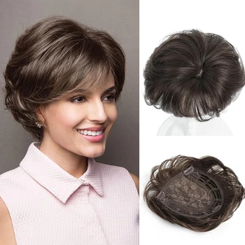 Parrucchino sintetico corto e liscio da 6 pollici con clip, extension per capelli, riccioli naturali e voluminosi, copertura di ricambio per il cuoio capelluto