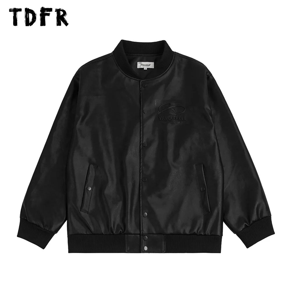 

Letter Print PU Leather Jacket Mens Casual Streetwear Autumn Single Breasted Long Sleeve Baseball Jacket Men