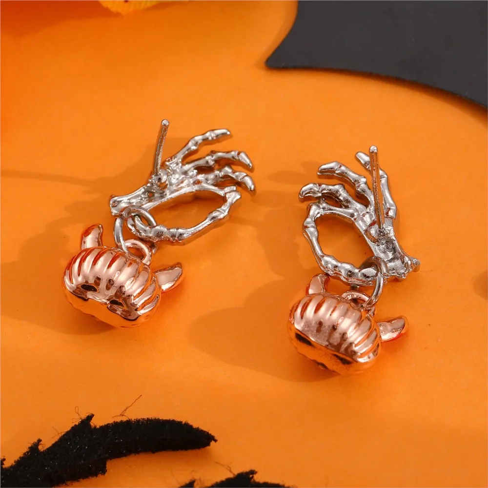Simple Fashion Halloween Ghost Hand With Pumpkin Head Shape Stud Earrings for Women Creative Halloween Festival Celebration