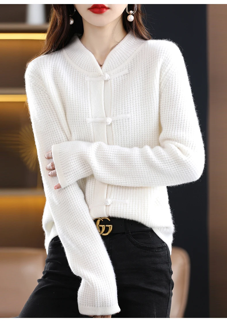 100% Pure Wool Cardigan Casual Knitted Half-high Collar Women China Knot Buckle Sweater Knitted Autumn Winter Cashmere Jacket