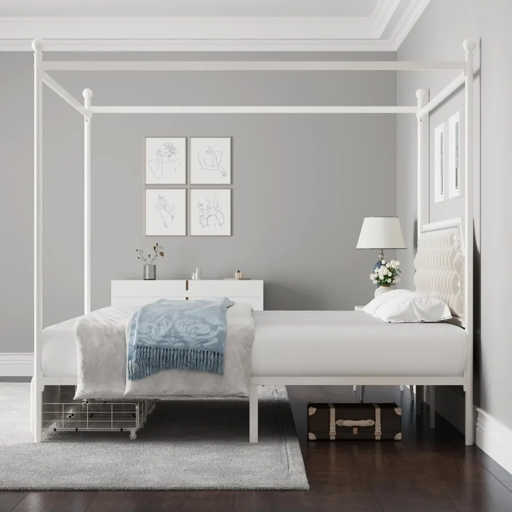 Queen Upholstered Canopy Bed Frame with 2 Drawers and Button Tufted Headboard, Metal Platform Bed with 4 Removable Posts 4