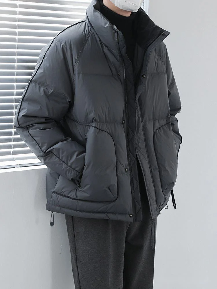 

Men Winter Duck Down Jacket Solid Stand Collar Lightweight Loose Down Coat Streetwear Trend Thickened Warm Snow Coat Outerwear