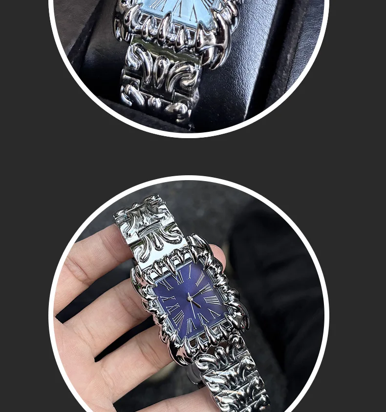 Y2K Square Watch Retro Silver Dial Quartz Unique Handmade Cyber
