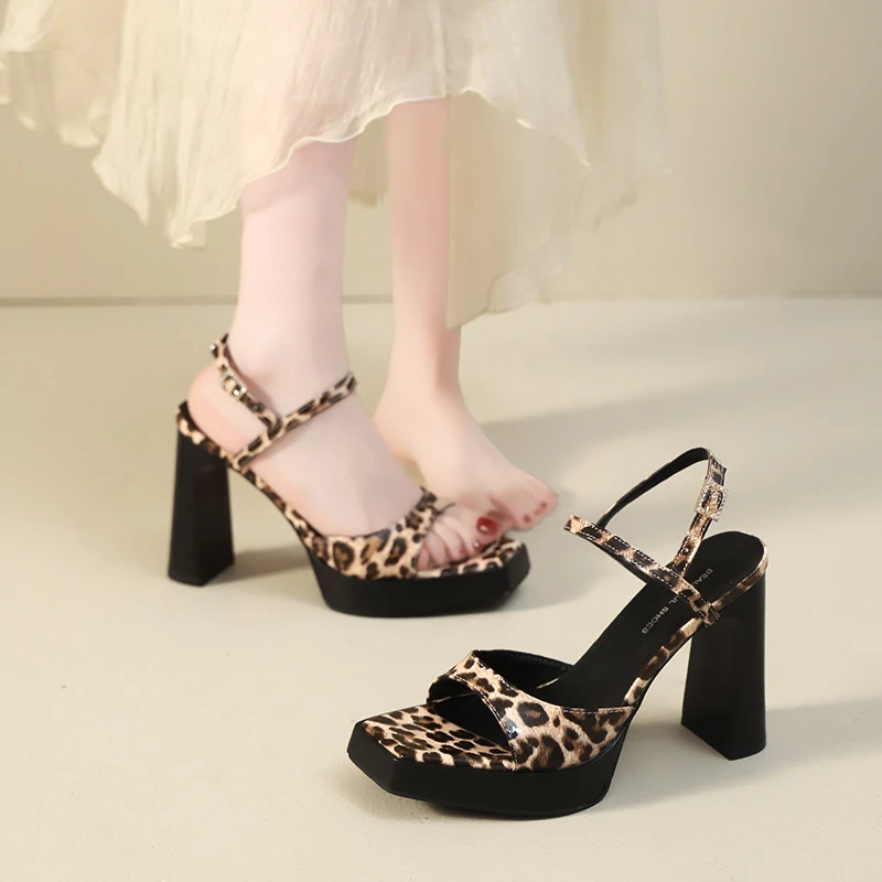 Aphixta Yellow Leopard 10CM High Heels Sandal Square Toe Sexy Sandals Woman Party Dress Shoes Big Size 42