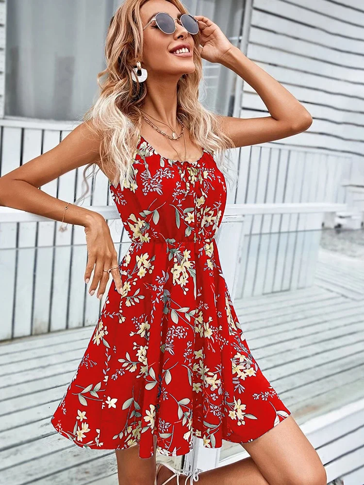  Women Summer Sexy Sleeveless Fashion Prints Waist