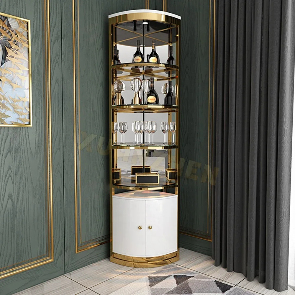 Modern Living Room Stainless Steel Metal Frame Wine Display Cabinet Luxury Double Door Glass Corner Bar Wine Storage Cabinet