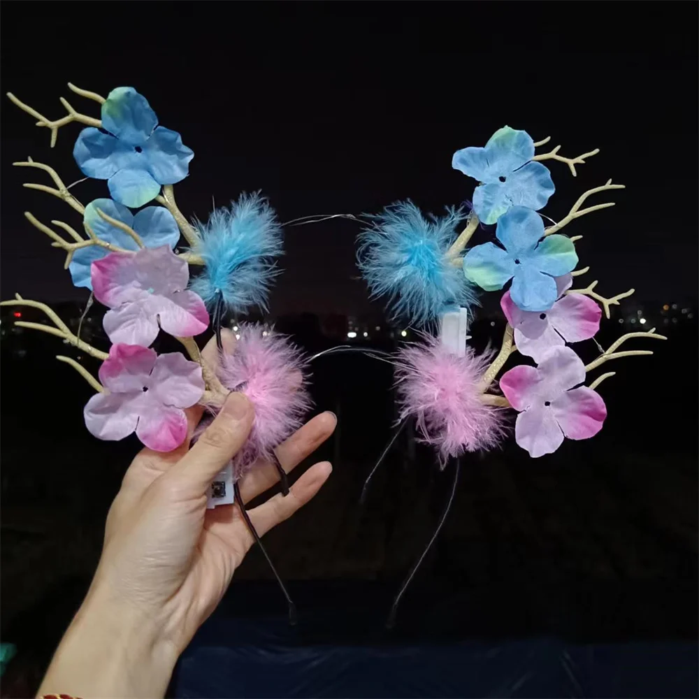 New Led Glowing Antlers Headband Plum Blossom Feather Elk Hair Accessories Christmas Decoration Party Dress Up Headdress
