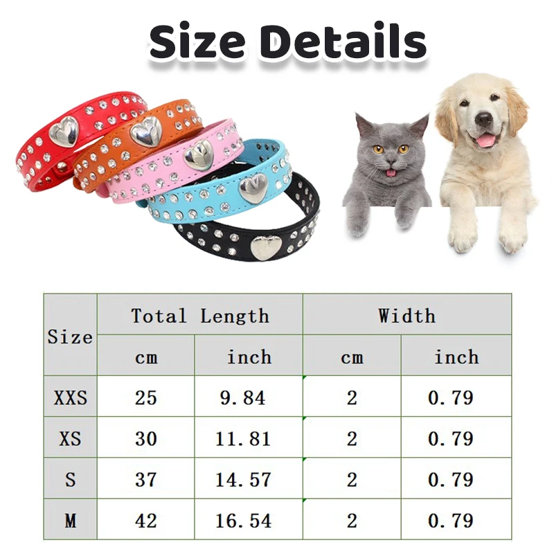 Dog Collar Pet Collar Bling Rhinestone Pet Dog Collar Peach Heart Studded Puppy Cat Leather Necklace For Small Medium Dogs Cats Chihuahua Teddy Yorkie