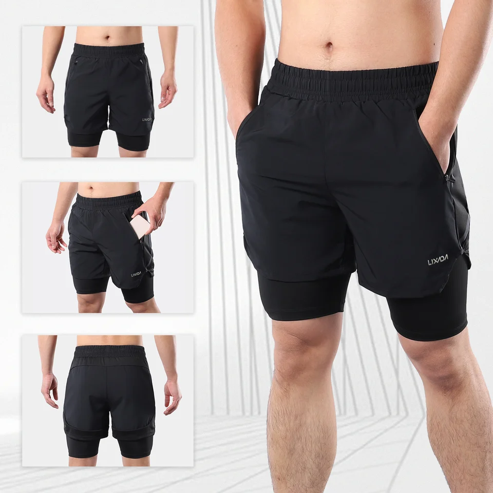 Lixada Pantaloncini Da Corsa Uomo 2 In 1: Strato Esterno In Poliestere E Interno In Mesh. Tasca Nascosta Per Telefono, Passante Per Asciugamano. Traspiranti E A Rapida Asciugatura. - 2