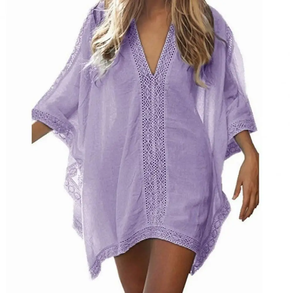 2022 New Women Swimwear Bikinis Set V-neck Half Sleeve Pullover Cover Up Dress Solid Color Lace Stitching Swimwear Cover Up bikini cover up set Cover-Ups