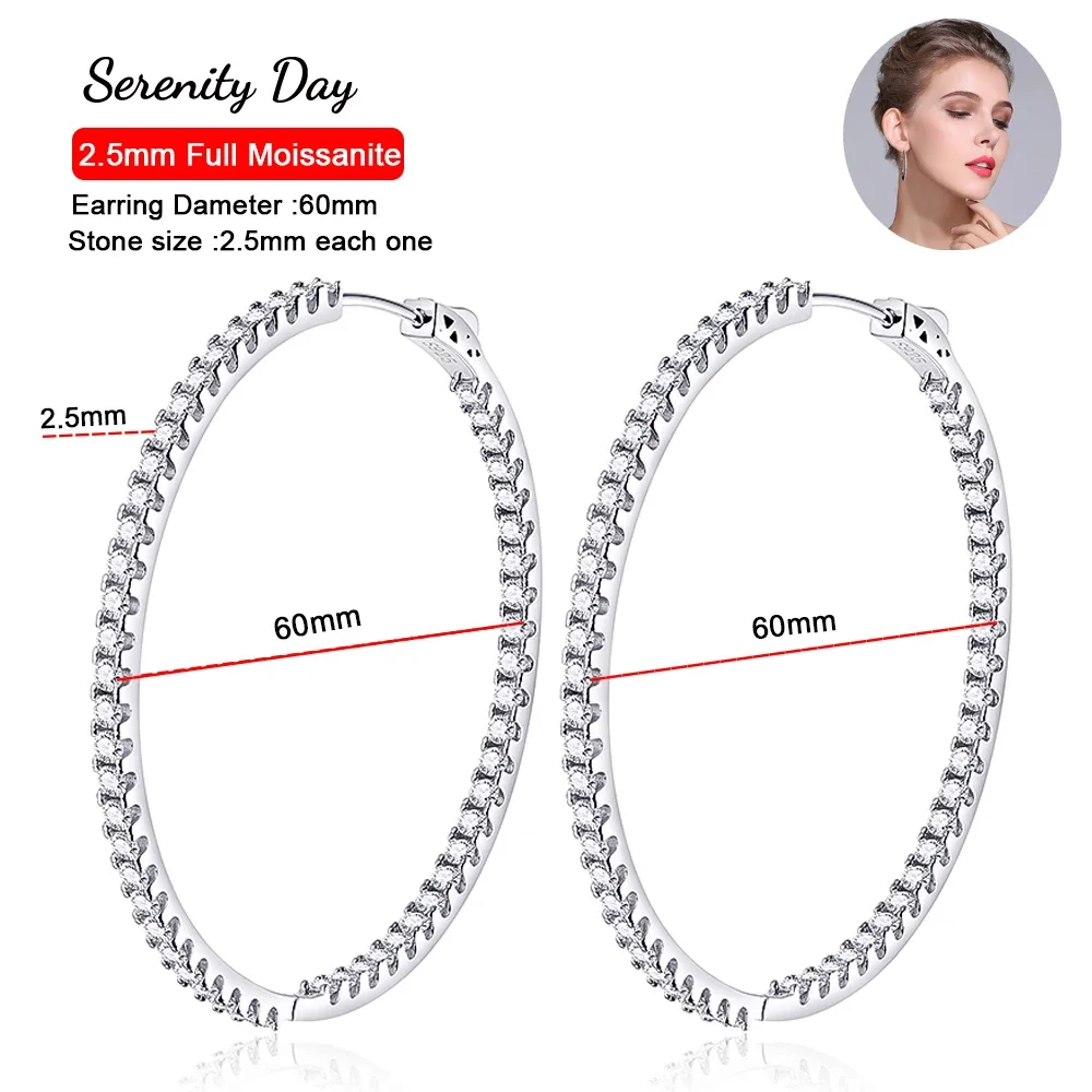 세레니티 2.5mm D 컬러 모이사나이트 귀걸이 여성용 선물 100% S 반짝이는 다이아몬드 60mm 후프 귀걸이 주얼리