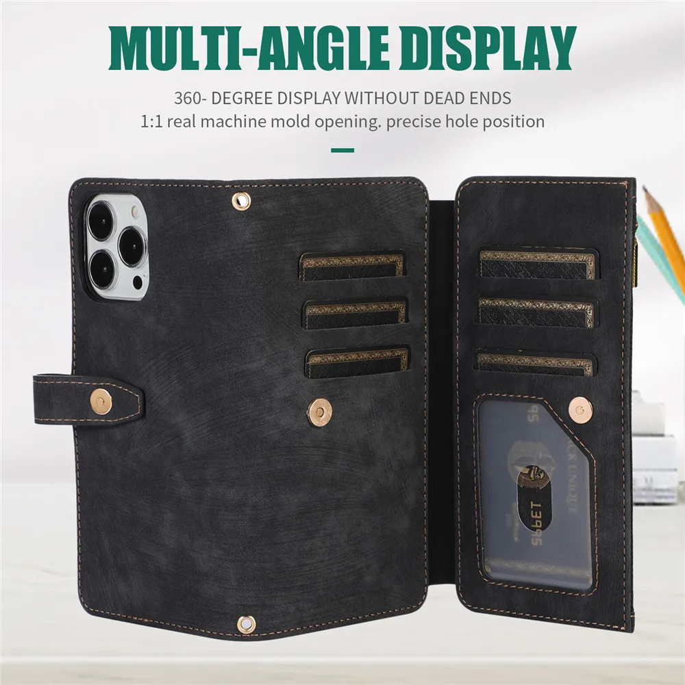 Luxury Leather Flip Wallet Case with Multi 9-Card Slot and Zipper Etui