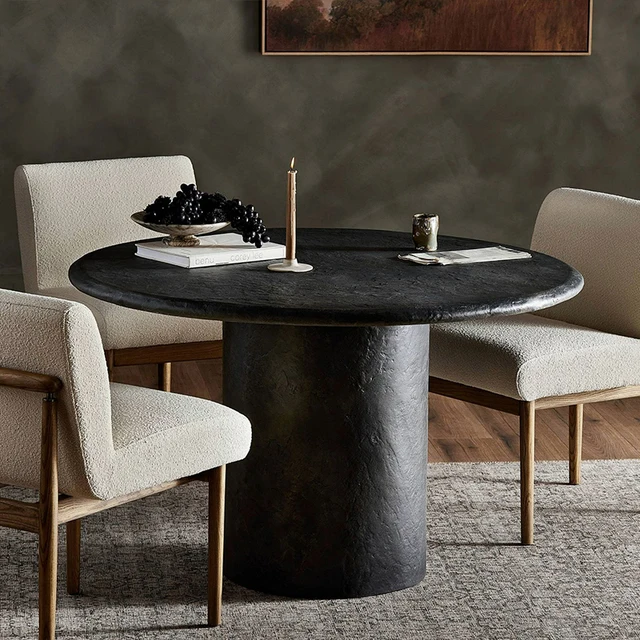 Meubles wabi sabi, table basse ronde noire vintage, table à dîner antique, table de réception 1