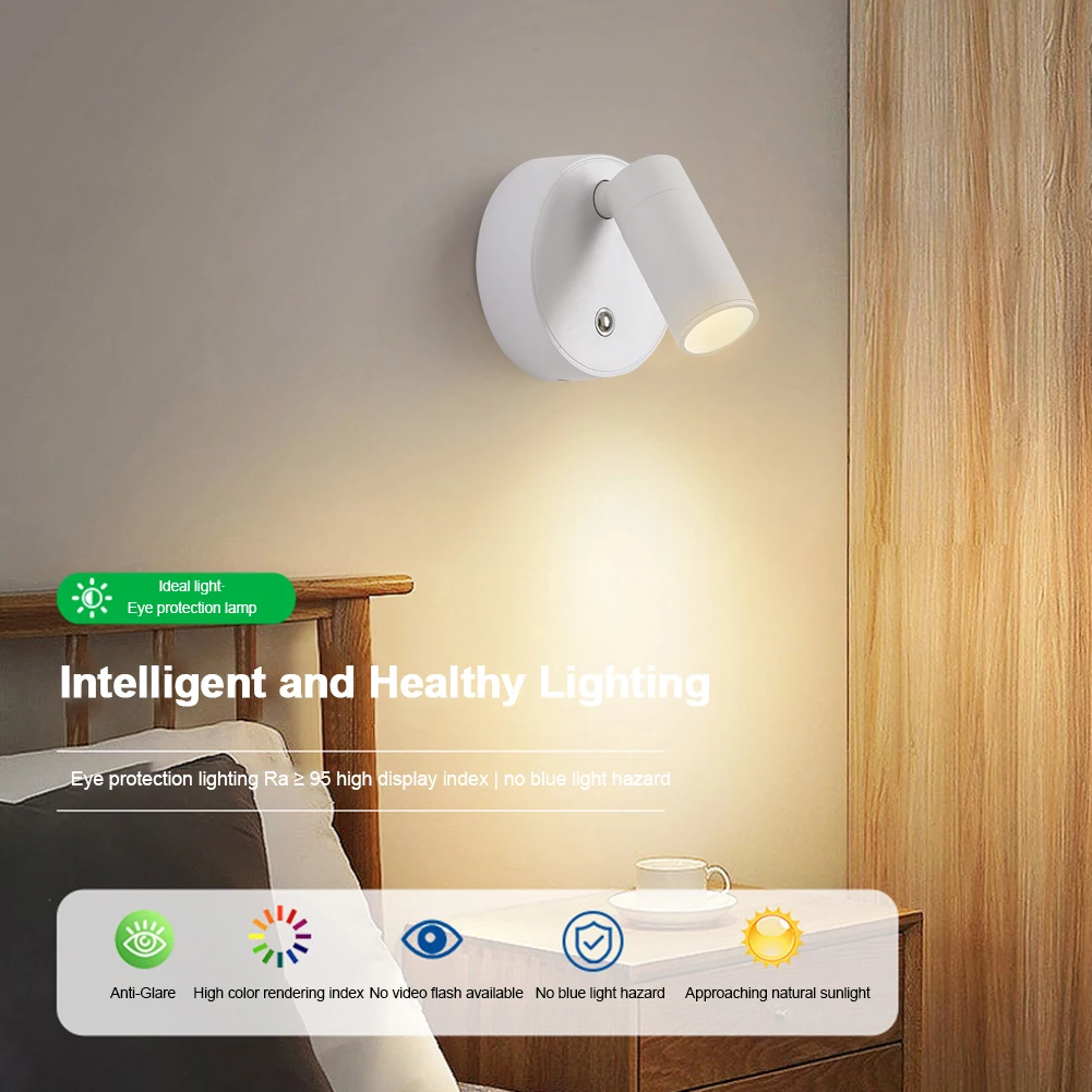 USB 충전식 조절식 벽 조명, 북유럽 고정장치 COB 3W, 침실 거실용 모던 LED 벽 조명, 1800mAh