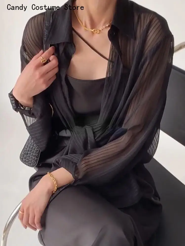 Women Sexy Striped Shirt Dark Academic Korean Loose Long Sleeve Sun-Proof Summer Clothes Fashion All Match Female Blouse