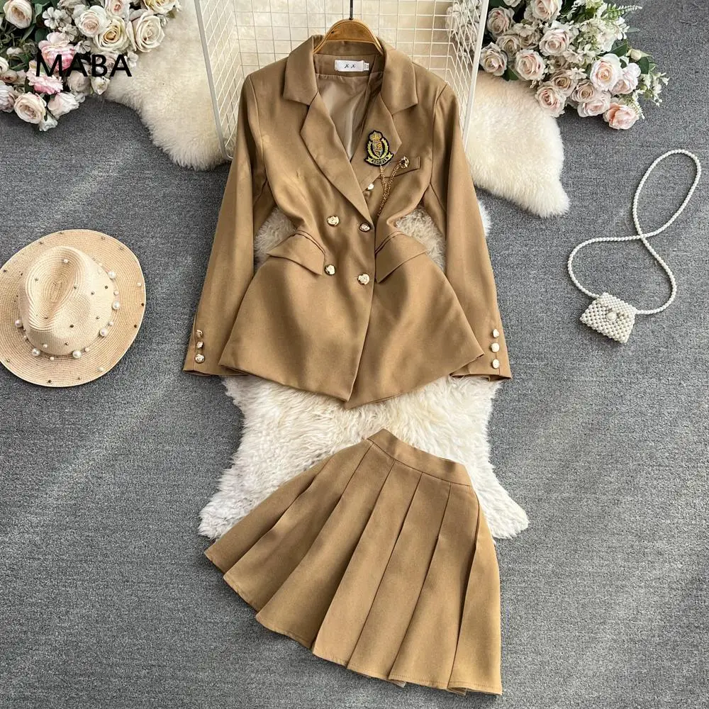 

Korean Preppy Style Blazers Outfits Set Women Autumn New Mid-length Suit Jacket+mini Pleated Skirt Jk Uniform Girl Two Piece Set
