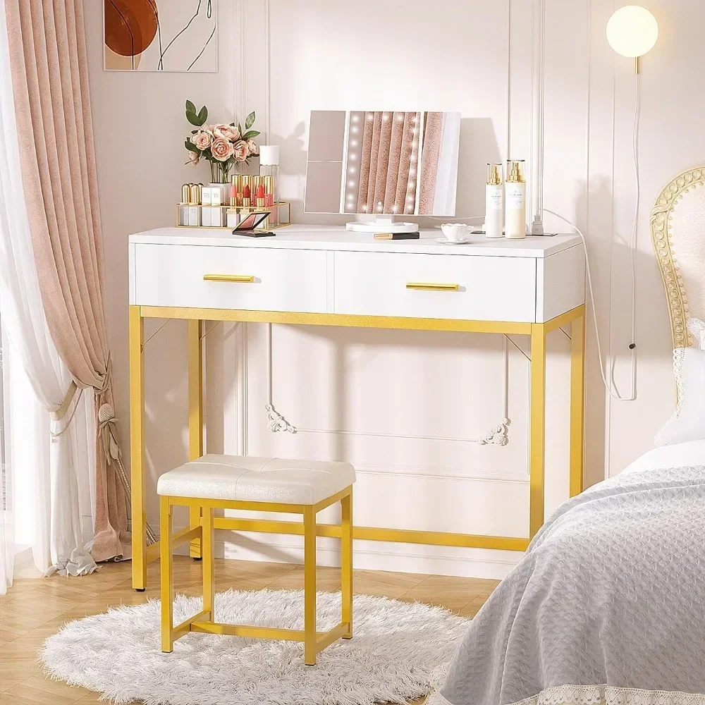 Vanity Desk with Charging Station, White Makeup Vanity with Lighted Mirror, Tri-Fold, Small Vanity Set with Drawers