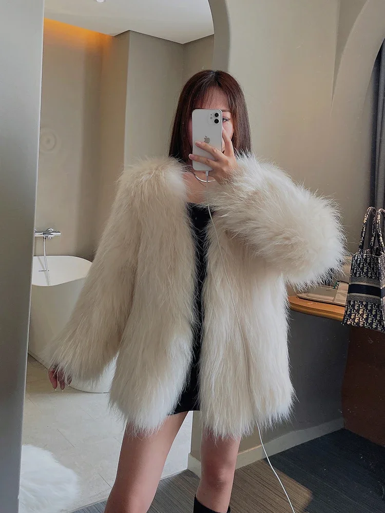 Raccoon Dog Fox Fur Double-sided Woven Real Fur Coat for Young Women Medium Length Fashion Jackets High Street Short Cardigan