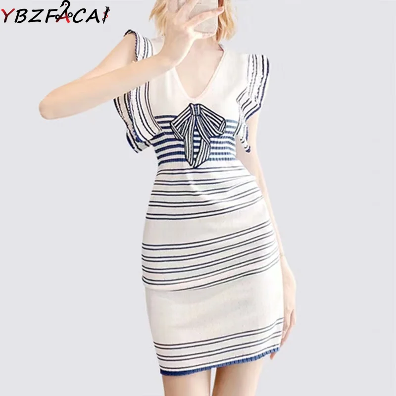 

2022 Summer Fashion Design V-Neck Bow Knot Tight High Waist Hip Skirt Korean Sleeveless Contrast Stripe Knitted Ice Silk Dress