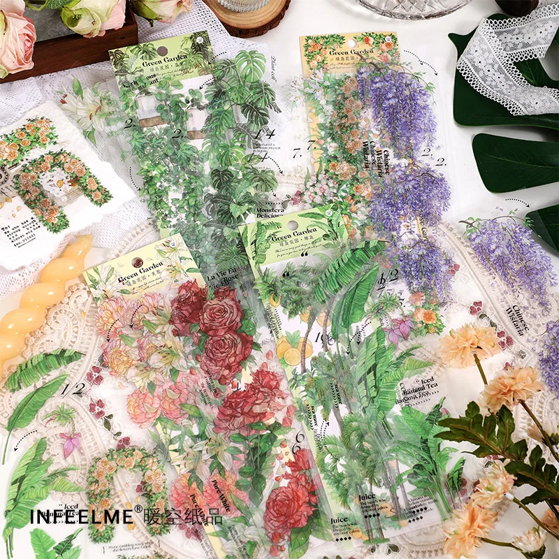 6 Pezzi Adesivi Di Cancelleria Kawaii Green Island Garden Junk Journal Diario Planner Adesivo Mobile Decorativo Scrapbooking