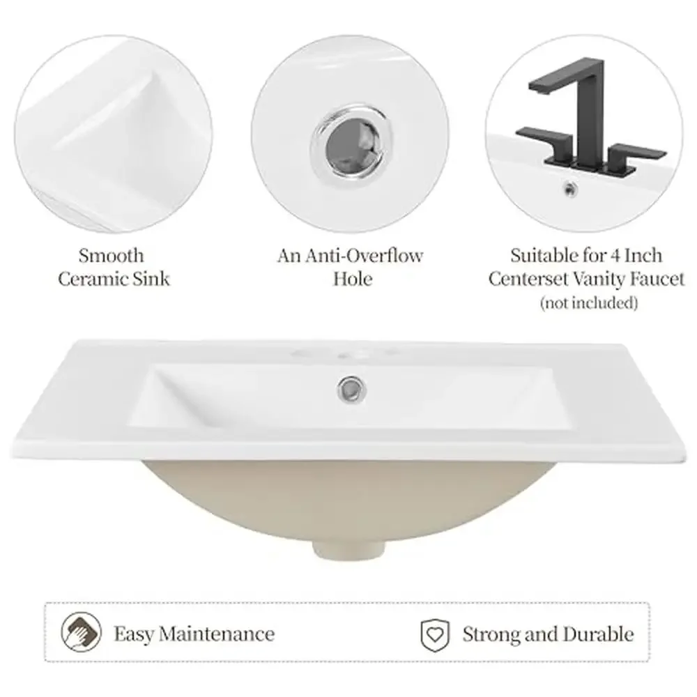 Modern Wall-Mounted Bathroom Vanity with Ceramic Sink and Storage Shelf White Finish