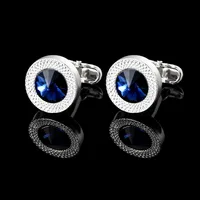 Fashionable Men's French Shirt Accessories Round Blue Crystal Cufflinks Diamond Embedded Sleeve Studs Tie Clip Wedding Gift 3