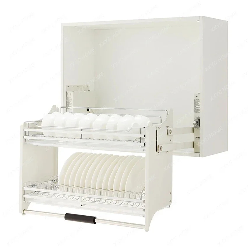 Kitchen Hanging Cabinet Lifting Pull Basket 304 Stainless Steel Dish&Bowl Racks Damping Buffer 4-speed Adjustment Drawer Baskets
