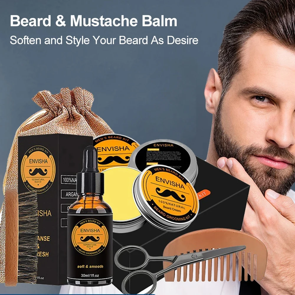 

1Set Men Beard Grooming Kit Mustache Beard Hair Growth Oil Styling Tool Beard Essential Balm Comb Moisturize Wax Scissor