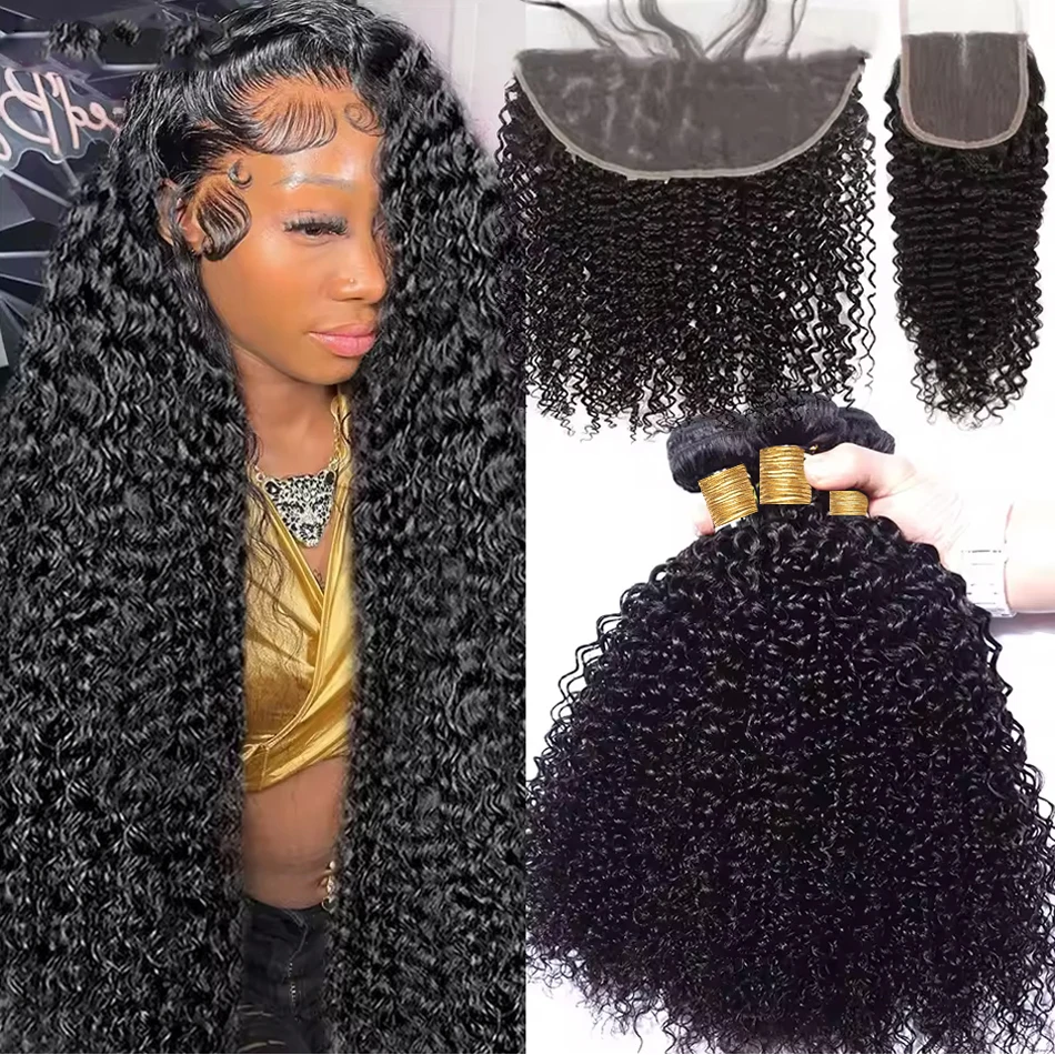 Jessenia Curly Deep Wave Human Hair Bundles With 13X4 Frontal Closure Bundle Deals 100% Raw Human Hair Weaving Curly Hair Bundle