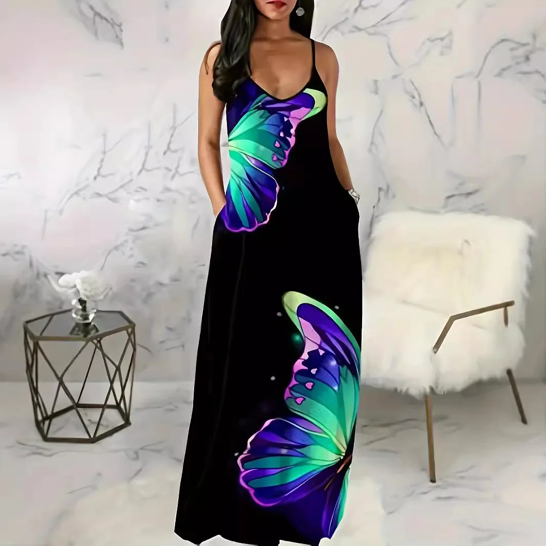 Large size European and American new women's butterfly print sexy V-neck long skirt with suspender dress
