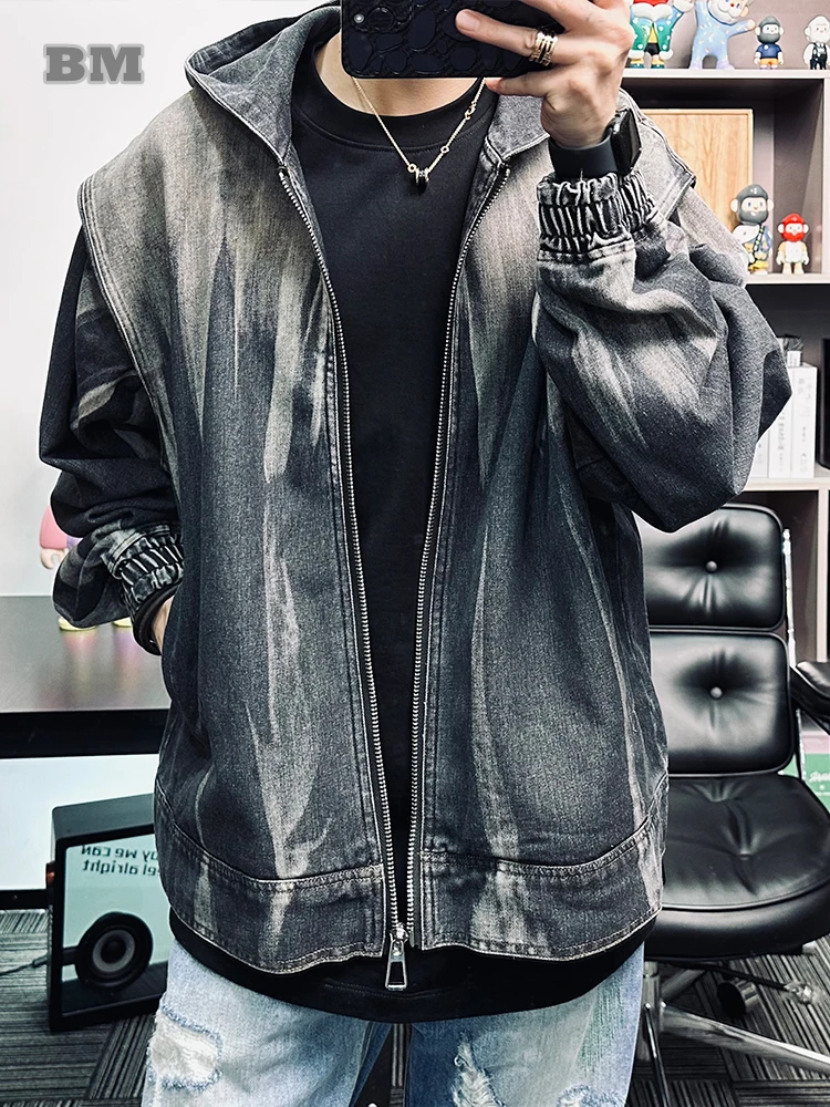 

American Trend Hip Hop Gradient Hooded Denim Jacket Men Clothing Harajuku High Quality Casual Couple Coat Korean Fashion Tops