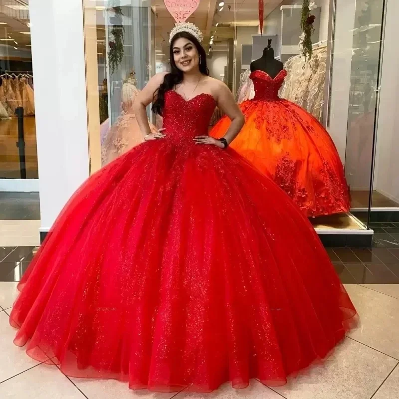 

Glittering Red Sweetheart Princess Quinceanera Dresses Vestidos De 15 Anos Beading Applique Birthday Prom Ball Gown Party Gowns