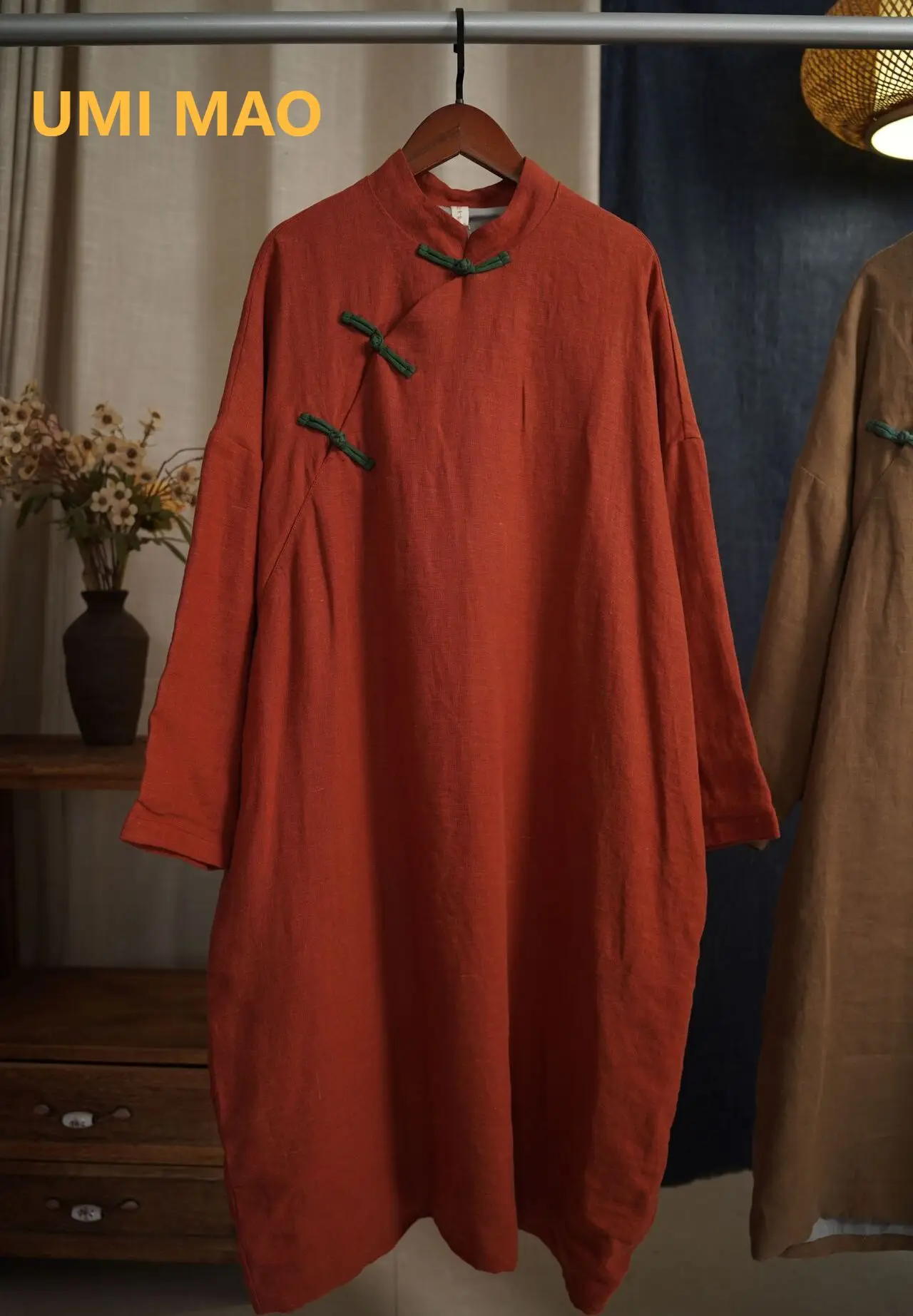 

UMI MAO Vintage Sandwashed Linen Chinese Handmade Contrast Plate Buckle Standing Neck Long Loose Double Layer Dress