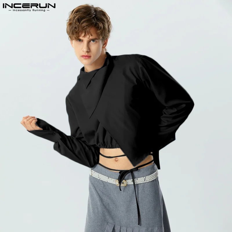 

INCERUN Tops 2023 Handsome New Men's Cropped Irregular Tie Design Suit Fashionable Male Clubwear Solid Long Sleeved Blazer S-5XL