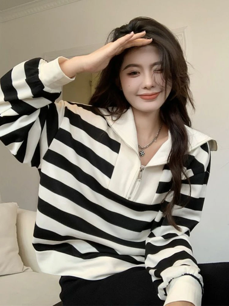

Deeptown Preppy Style Striped Hoodies Women Harajuku Vintage Half-Zipper Long Sleeve Sweatshirts Korean Fashion Casual Kpop Tops