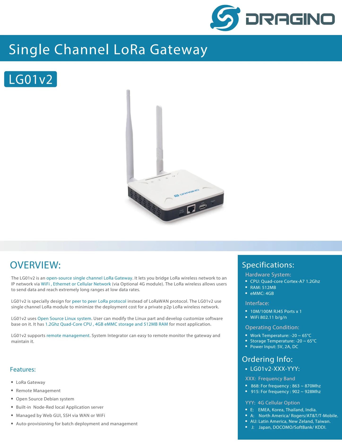 Description Picture 3 of itemDragino LG01v2 LoRa Gateway Open Source Single channel WiFi Ethernet Cellular Network low data rate Ultra Long Distance